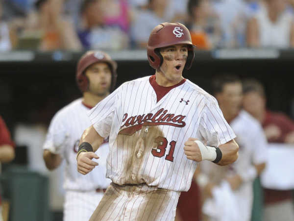 Evan Marzilli reacts to scoring the go-ahead run in South Carolina's 4-3 win over Clemson. (Photo: gamecocksonline.com)