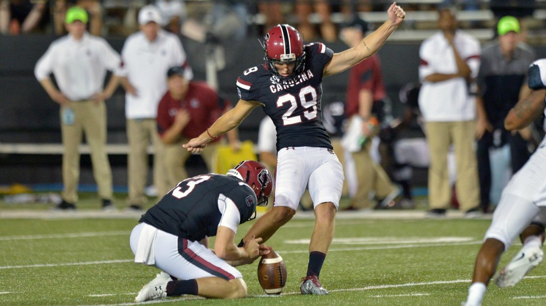 Sep 1, 2016; Nashville, TN, USA; South Carolina Gamecocks place kicker Elliott Fry (29) kicks the winning field goal against the Vanderbilt Commodores during the second half at Vanderbilt Stadium. South Carolina won 13-10. Mandatory Credit: Jim Brown-USA TODAY Sports